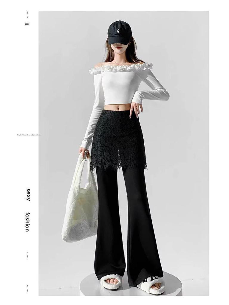 Lace Patchwork Two-Piece Look Micro-Flare Pants for Women - Black High-Waisted Slimming Body-Shaping Trousers, Spring 2026 Arrival