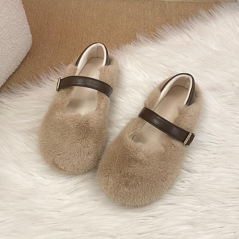 Enfärgade fluffiga skor dam ytterkläder 2025 höst och vinter nya sammet en-ords rem Mary Jane mjuk-sula platta bomullsskor