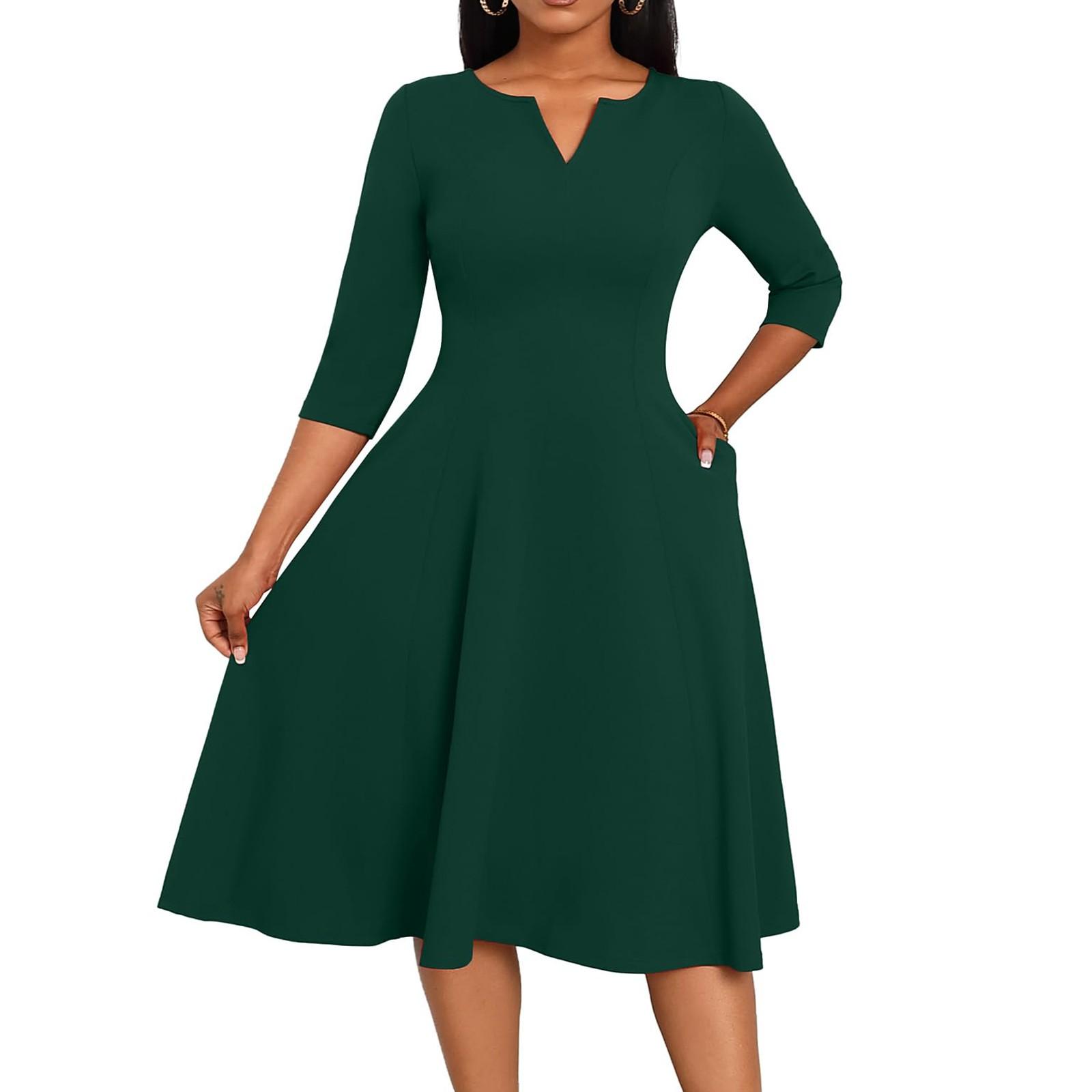 

Women s A-Line Fit & Flare Skirt 3/4 Sleeves V-Neck Color Cocktail Wedding Guest Overalls With Pockets Dress XL
