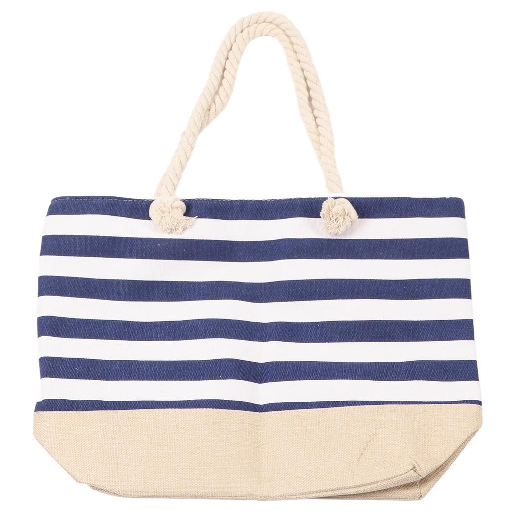 Women Canvas Shoulder Bag Stripes Printing Large Capacity Beach Bag for Shopping Traveling Navy Blue Free Size