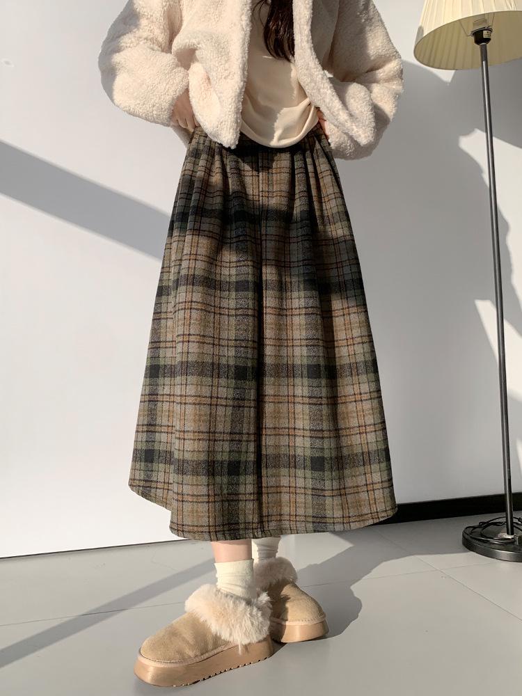 Velvet Plaid Woolen A-Line High-Waisted Skirt for Women - Winter Mid-Length Slim Fit
