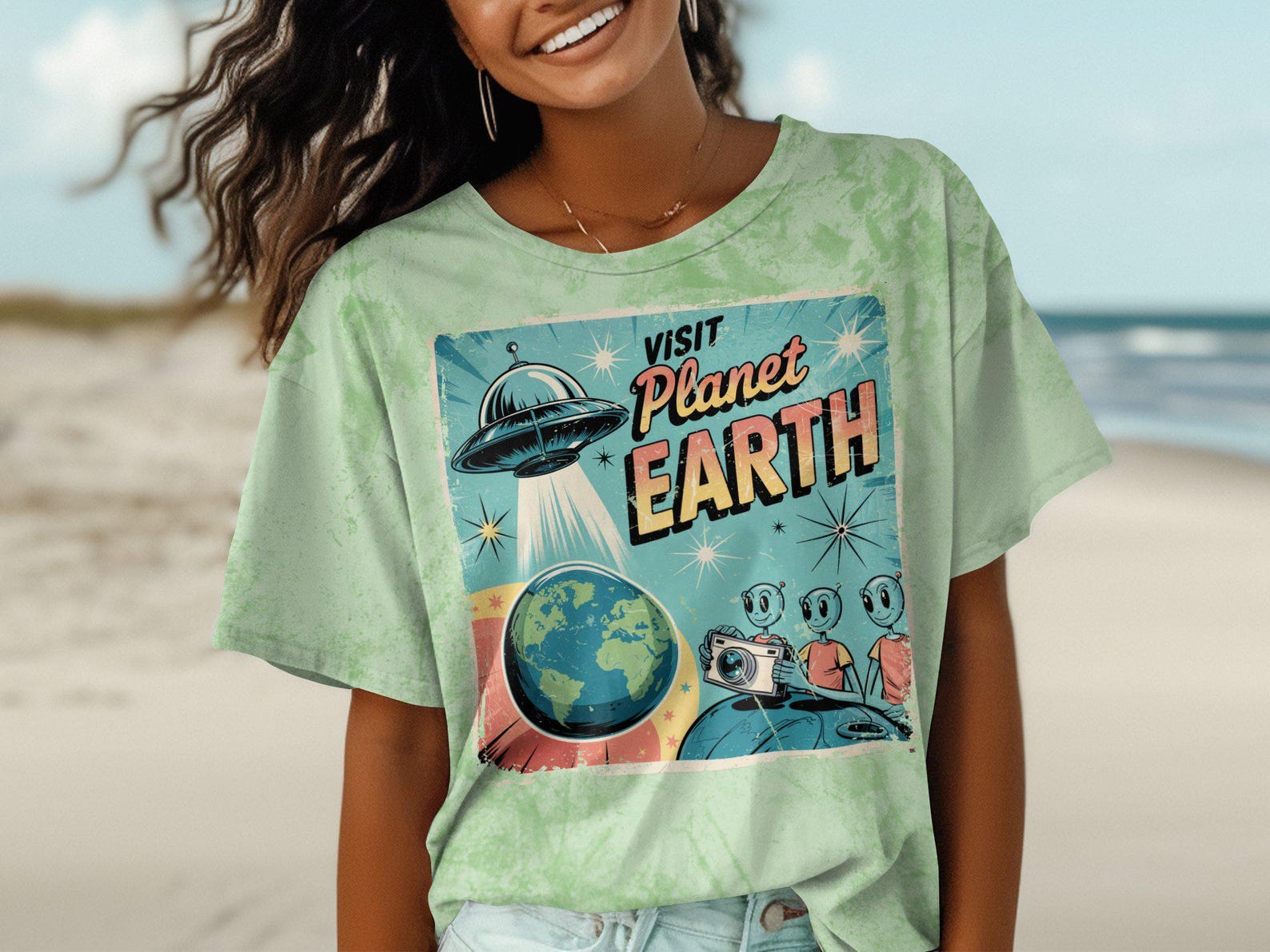 Funny Vintage Visit Planet Earth Alien T-Shirt, Retro UFO Space Graphic Tee, Cool Sci Fi Novelty Shirt For Alien Lovers L