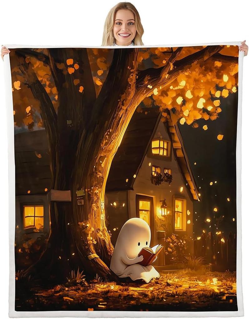 GUOYU Decke Happy Halloween Fleece-Decke Baby Kürbis Geist Feiertags Sherpa-Decke Gotische Fledermäuse Florale Pflanzen Flauschige Plüschdecke für Kinder