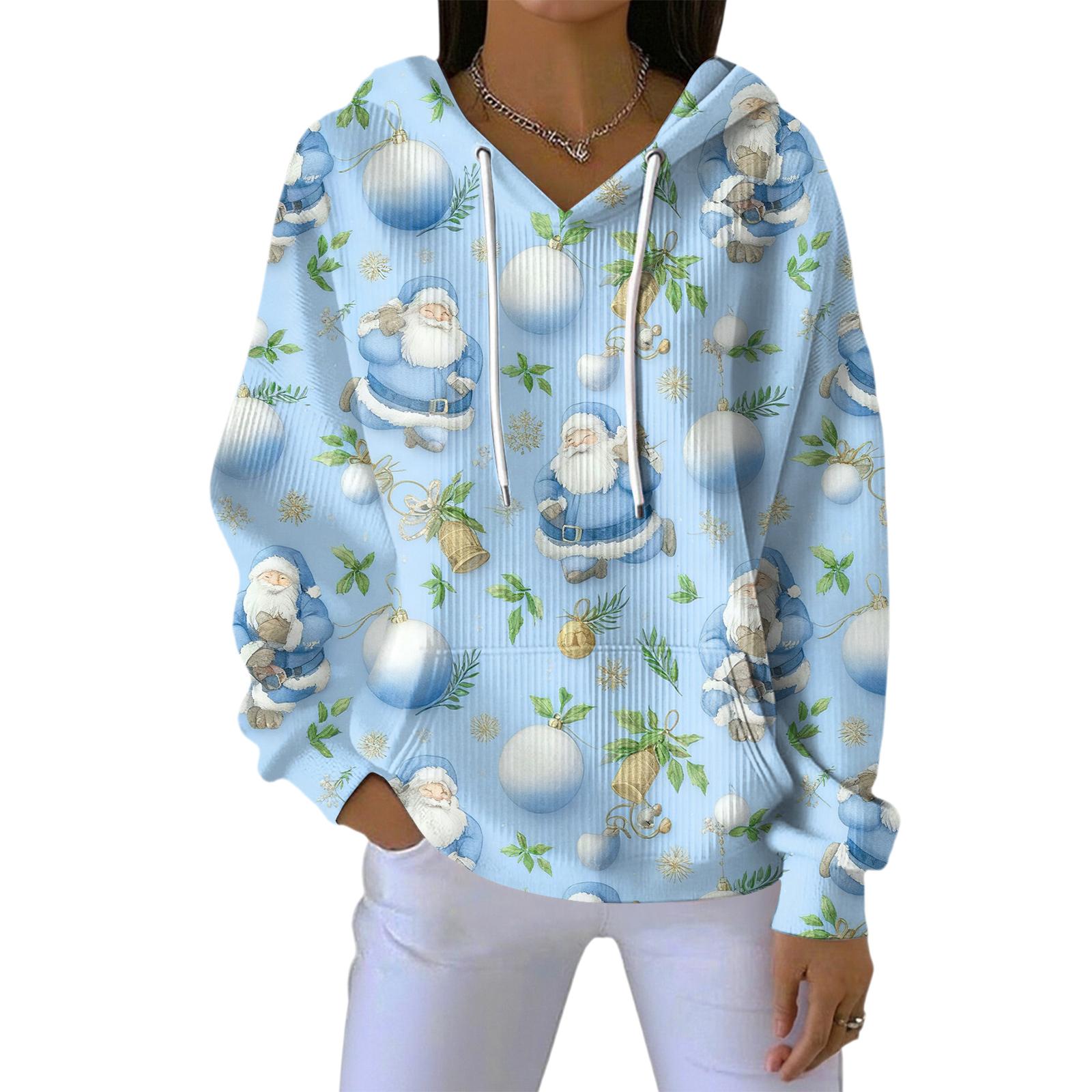 

Женская свободная удобная повседневная модная толстовка с V-образным вырезом и рождественским принтом с длинным рукавом S