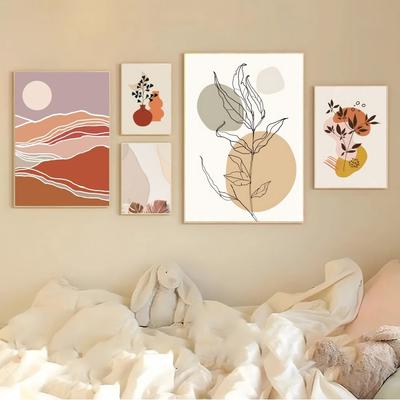 1ks Boho Spáleně oranžový Neutrální Abstraktní Botanický Květinový Jednoduchý Samolepicí Umělecký Plakát Voděodolná Papírová Samolepka Dekorace na Zeď