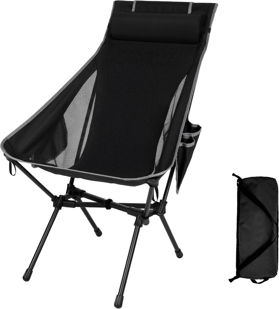 TOBTOS Portable High Back Camping 200kg with Removable for Backpacking Chair, Capacity, Compact, Pillow, Camping, Hiking, (Black)