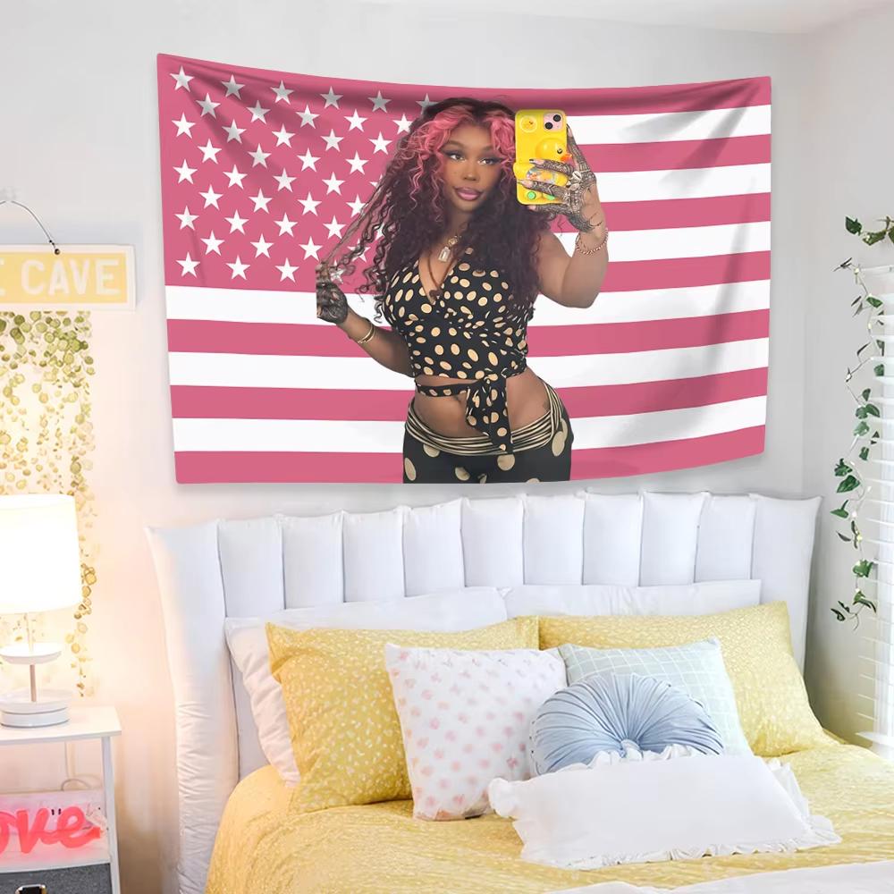 SZA American Flag Tapestry Modern Music Poster Wall Art Aesthetic Room Decor Meme Backdrop Cloth Flat Print