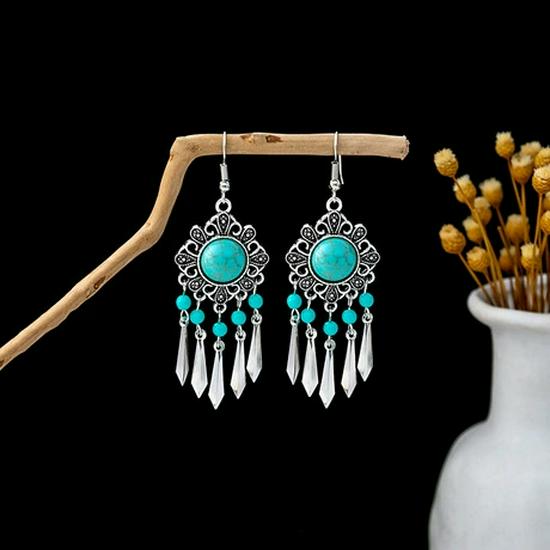 Peacock Tassel Earrings with Hollow Leaf Design in Retro Ethnic Style Imitation Silver for Women