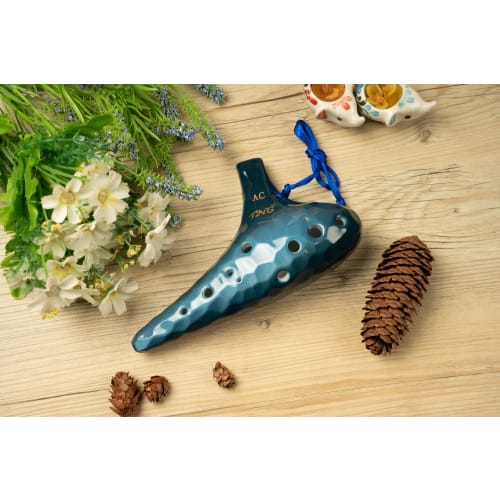 TNG Ocarina, Alto/C/AC, 12-Hole, Emerald, Premium Quality, Glazed Finish with Ocean Wave Pattern (Blue), Strap Included