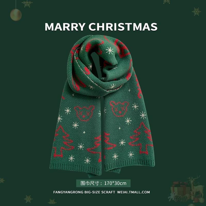 Red Christmas Tree Knitted Scarf Female Autumn and Winter Warm Green Wool Student Couple Christmas Gift Scarf Versatile