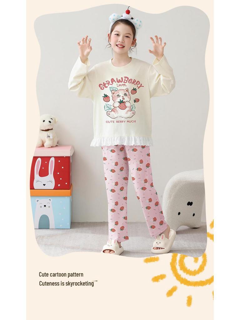 Korean Girls' Lace Long-Sleeve Cotton Pajama Set - Medium & Large Sizes for Spring/Autumn