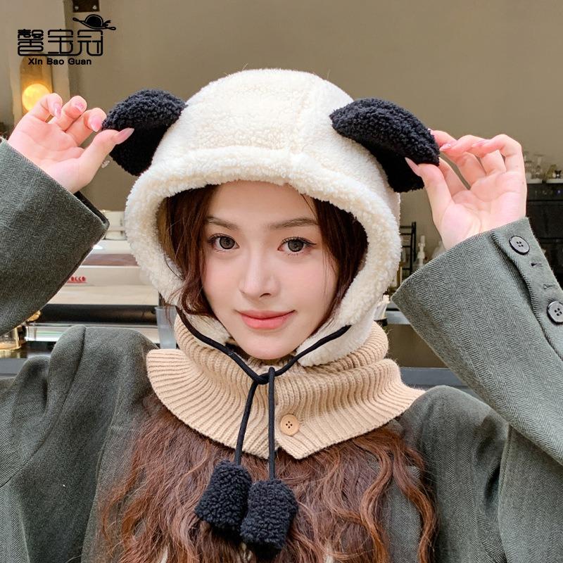 Autumn and winter cute bear hat female thermal ear protector plush hat knitted wool shawl pullover hat