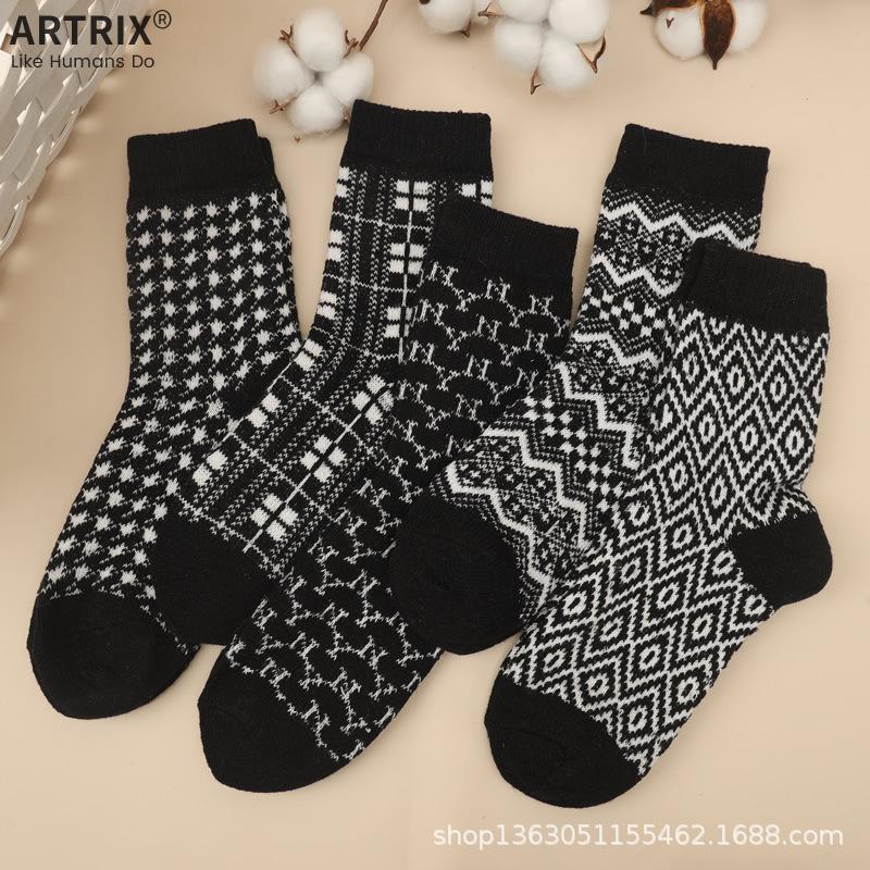 5 Pairs of Wool Socks, Double Thick Needle Socks, Cross Flower Women's Socks, Mid Tube Socks, Woolen Socks, Warm and Thick