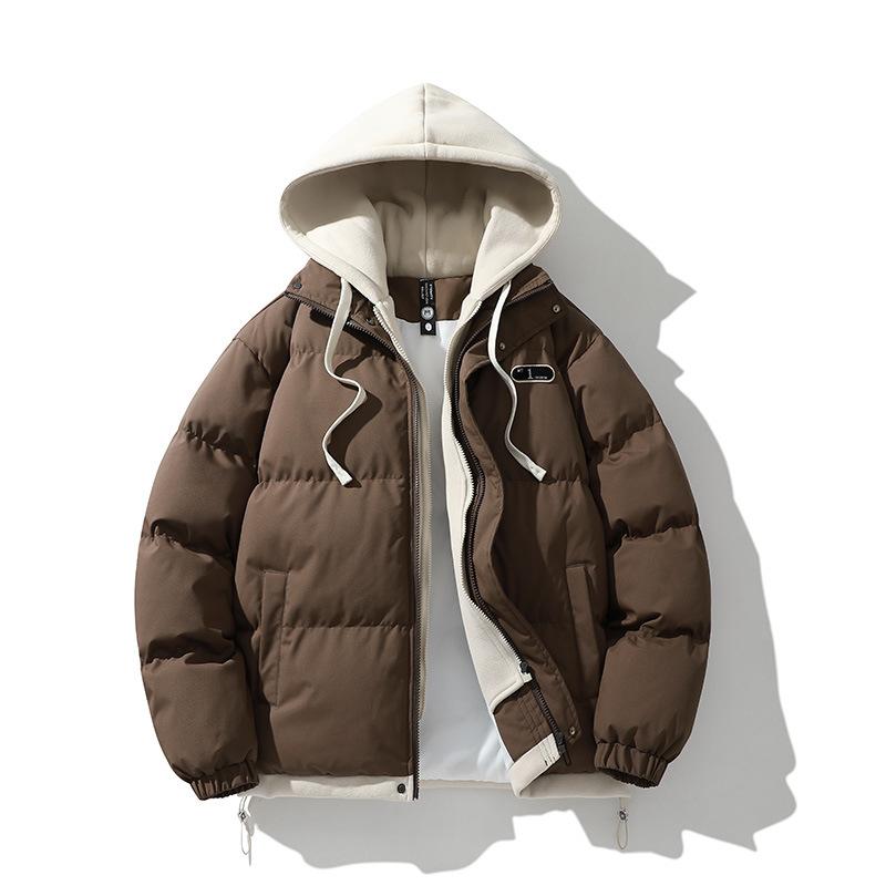 Winter Cotton-padded Couple Cotton-padded Jacket Trendy Fake Two-piece Color Matching Loose and Thickened Men's Hooded Bread-padded Jacket