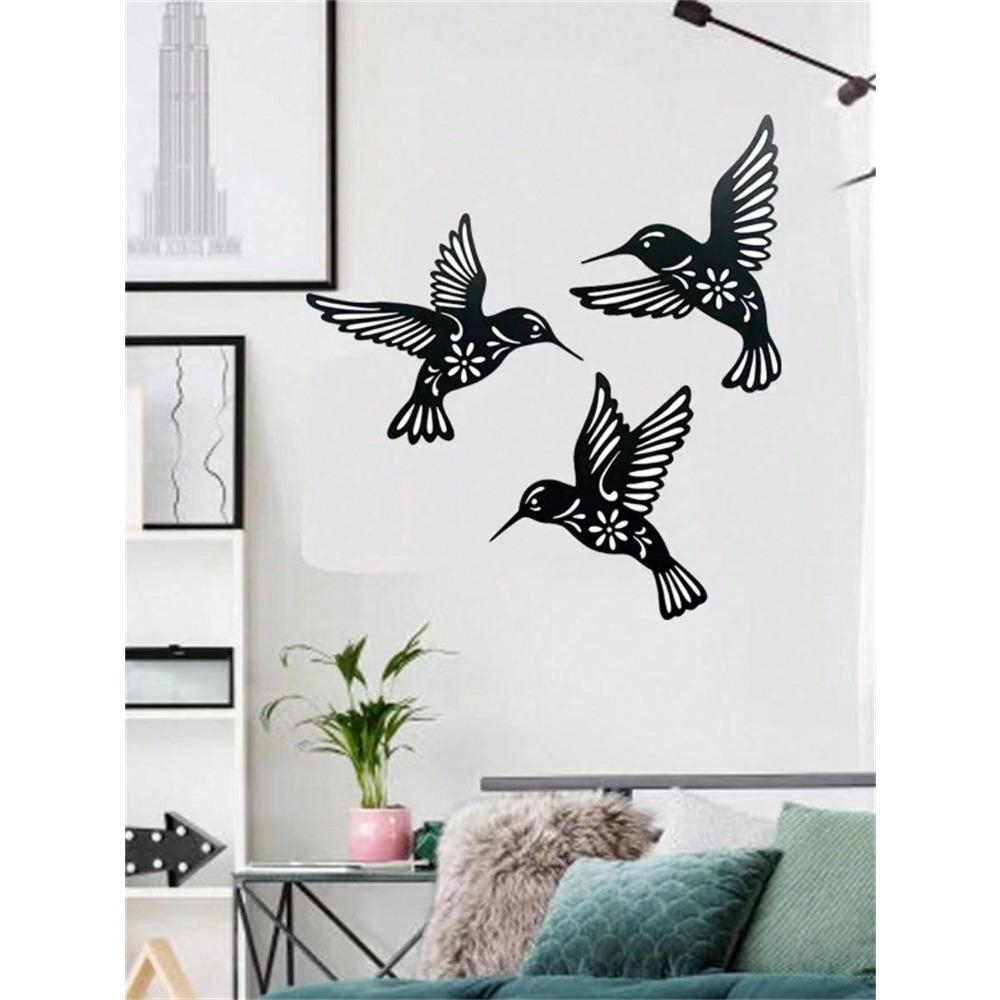 3 Black Metal Hummingbird Wall Decor Set 25cm Cutout Garden Art Indoor Outdoor Hanging Ornaments for Living Room Bedroom Office