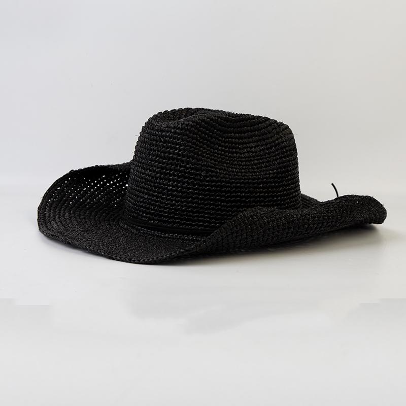 Handgehäkelter Western-Cowboyhut aus natürlichem Raffiastroh für Damen Herren Sommer Breiter Rand Sonnenhut Outdoor Atmungsaktiv Strand Panama