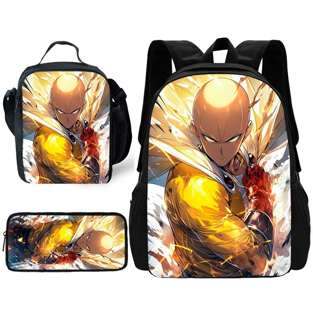 Kinder Anime One Punchs Man Schulrucksack mit Brotdosen ,Federmäppchen ,Schultaschen für Jungen Mädchen Bestes Geschenk