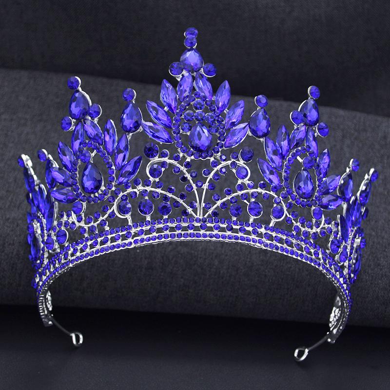 Coroana de nuntă Royal Queen pentru femei, mare, cu cristal roșu, diademă, accesorii de păr pentru petrecere de mireasă blue