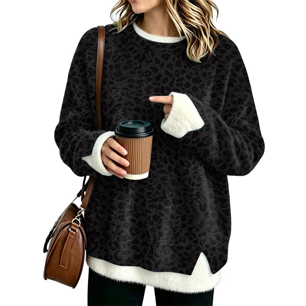 Women's Fashion Flannel Neck Two-Piece Leopard Print Top, Casual Paneled Blouse