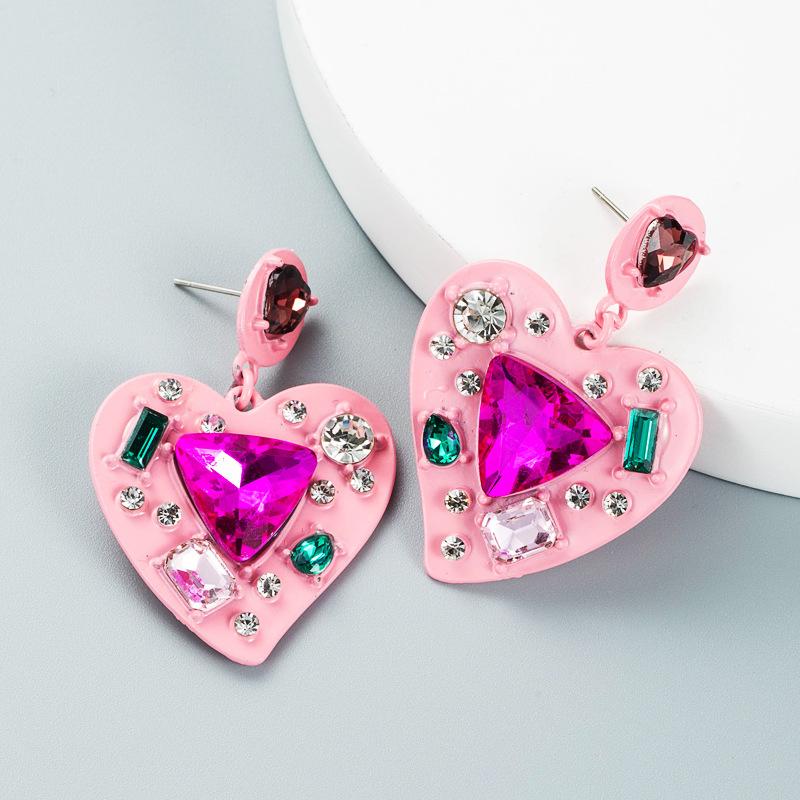 Women's Study Earrings Creative Exaggeration Alloy Spray Paint Rhinestone Inlaid Crysrtal Love Heart Temperament Earrings