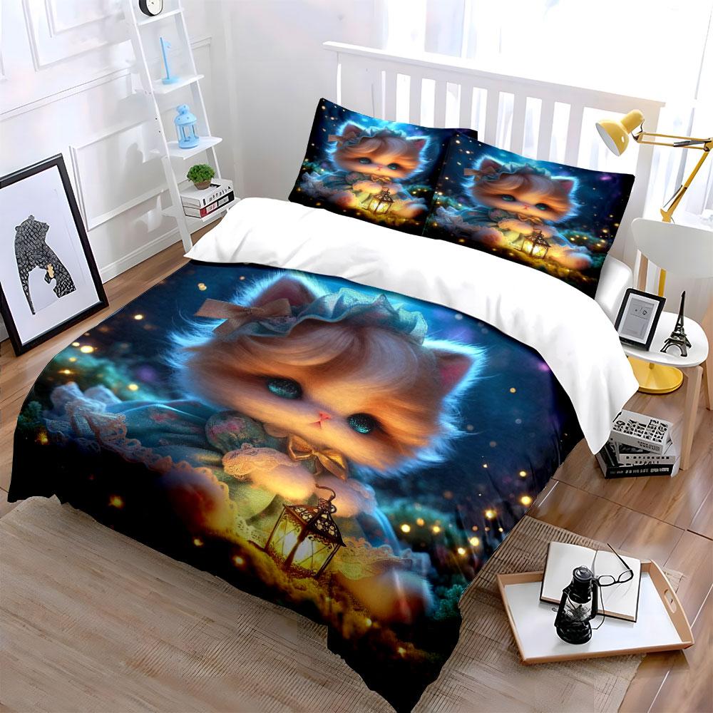 Adorable Cat With Lantern Magical Forest Duvet Cover Set With 3D Printing Design Soft Polyester Bedding Set All-Season Comfort