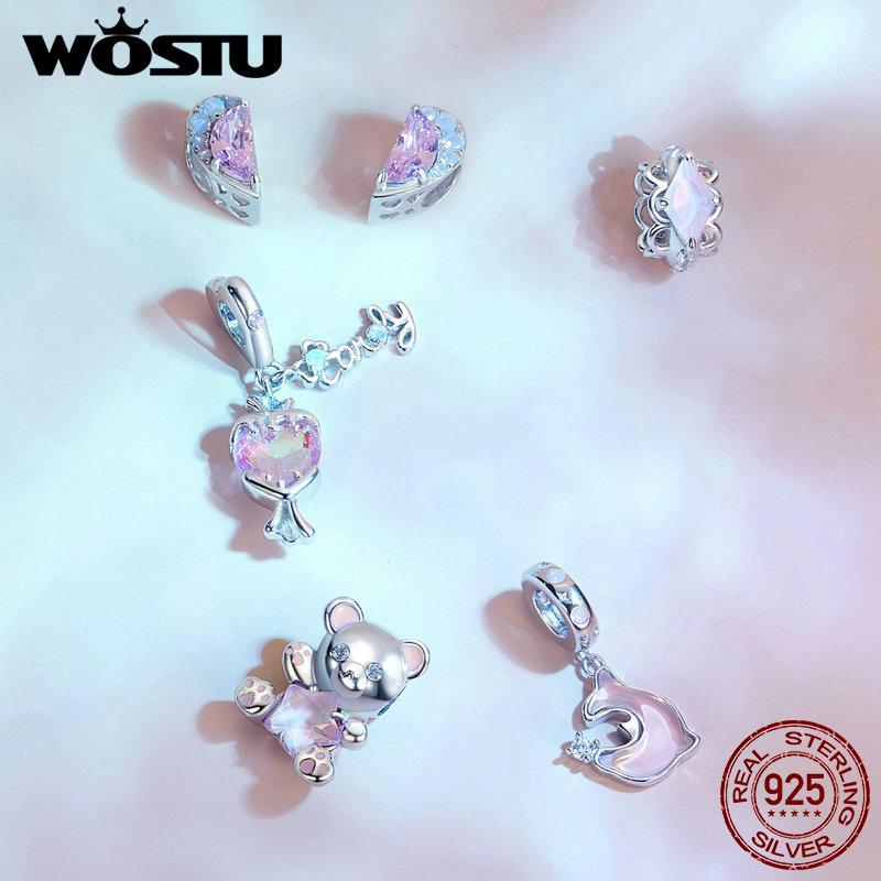WOSTU 925 Sterling Silver Pink Couple Hearts Charm Star Bear Beads Dolphin Pendants Fit Original Bracelet DIY Jewelry