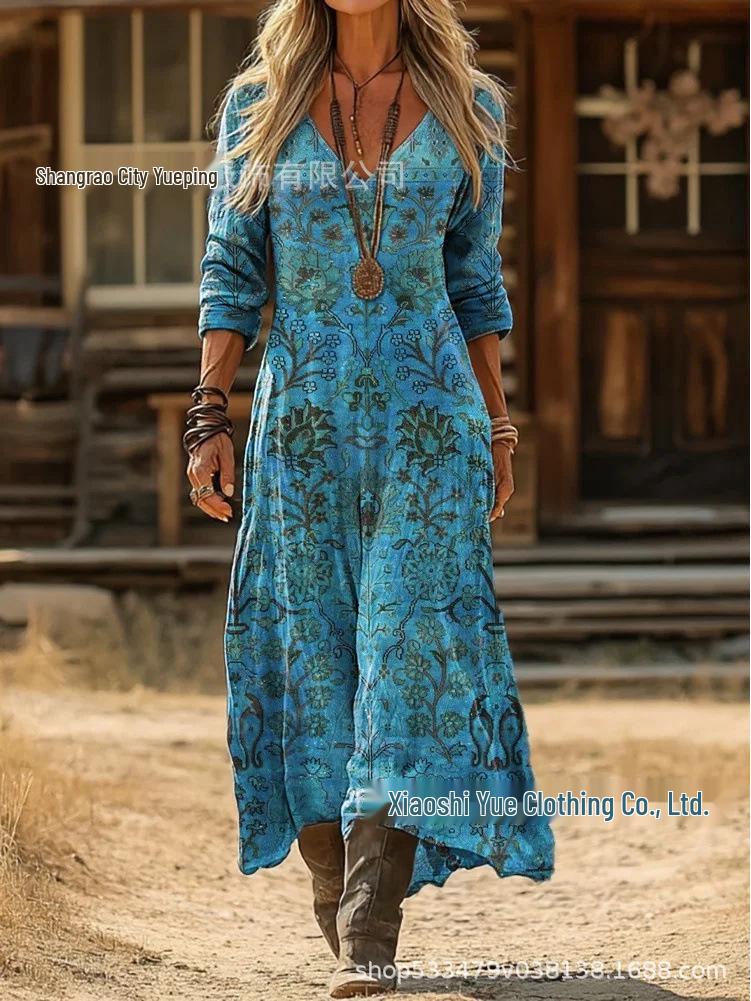 European-American Retro Floral Print Long Sleeve Dress