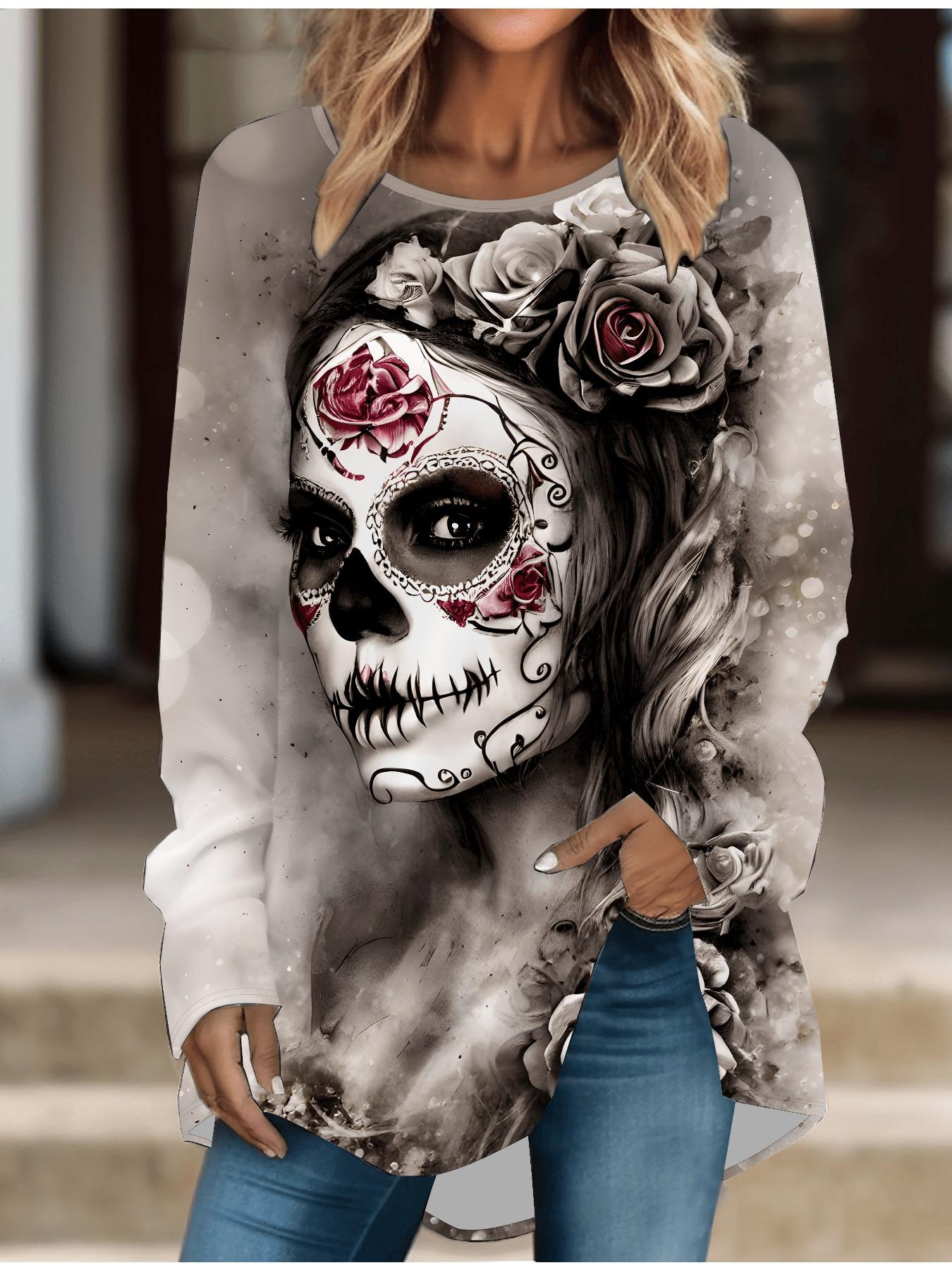 

Женская футболка больших размеров с принтом на весну и Хэллоуин, удобная, с длинным рукавом, круглым вырезом, повседневная, свободного кроя, средней длины 8XL коричневый