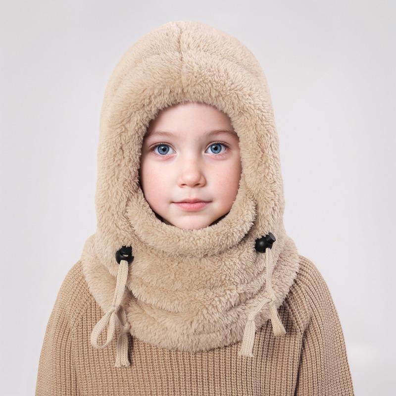 Kids Winter Sports Balaclava 3-in-1 Fleece Face Mask Hat Neck INS solid color Warmer Windproof furry hats for Skiing Cycling
