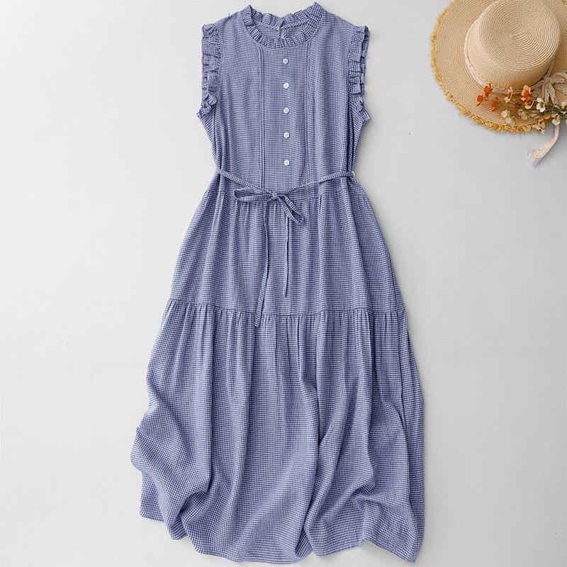 2025 Spring and Summer New Blue Plaid Lace Sleeveless Long Dress Women's Lace-up Waist Temperament Long Dress