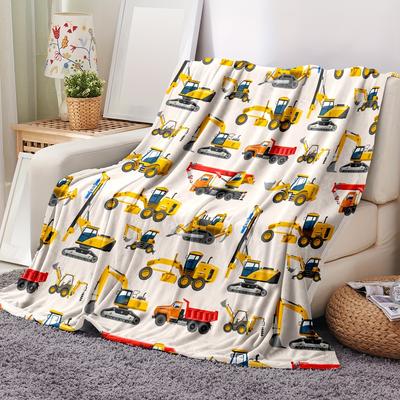 Cartoon Construction Truck Flannel Throw Blanket Excavator Crane Dumper Pattern Kids Flannel Blanket