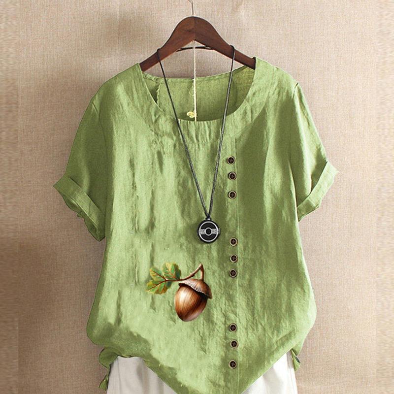 Women's Fashion Stone Hazelnut Prined Round Neck Short Sleeve T-shirt Casual Cotton Linen Graphic Shirt Leisure Loose Summer Blouse Tops