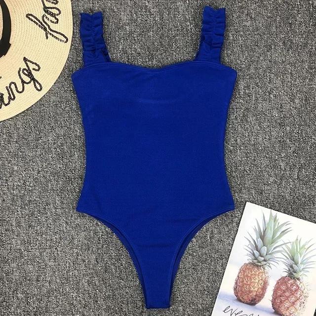 Sexy White Frill Trim Ruffled Ribbed Female Swimwear One Piece Swimsuit Women Monokini High Cut Bather Bathing Suit Swim Lady