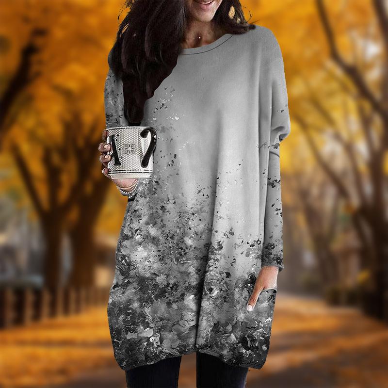 New In Autumn Oil Painting Flowers Print Plus Size Dress Women O'neck Long Sleeves Casual Pocket Dresses