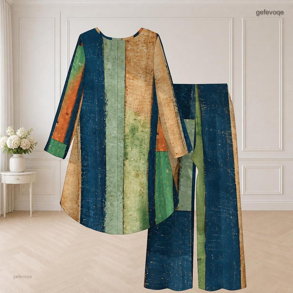 Plus Size Women Abstract Printed Two Piece Set Round Neck Long Sleeve High Low Top Wide Leg Pants