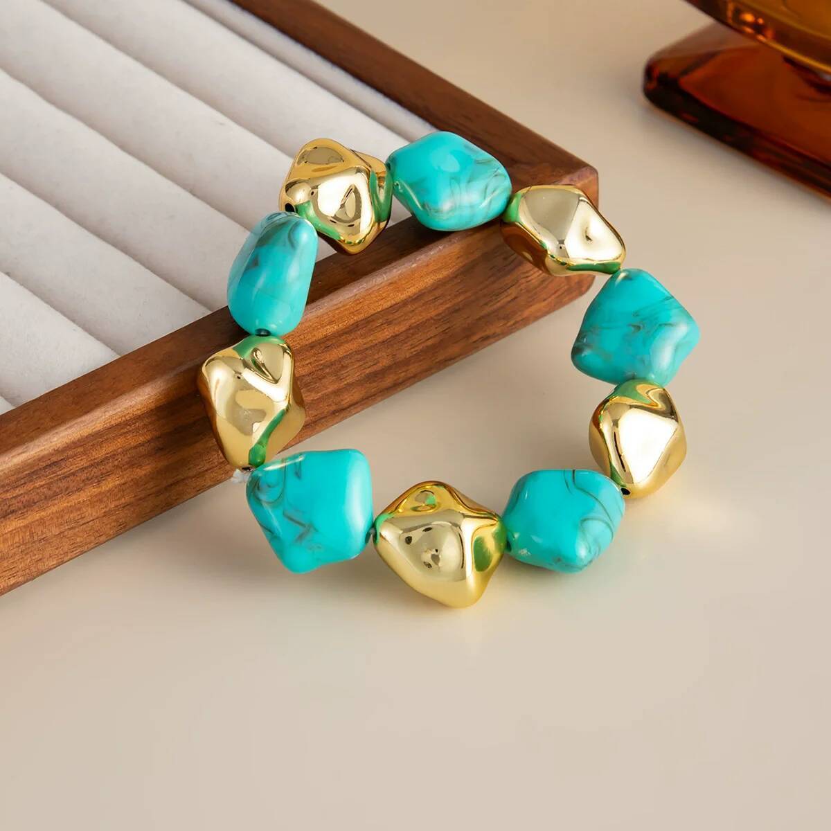 SHIXIN Bohemian Elasticity Blue-Green Acrylic Bracelet Women Retro Irregular Tube Beaded Bracelet Cuff Bangle Party Jewelry Gift