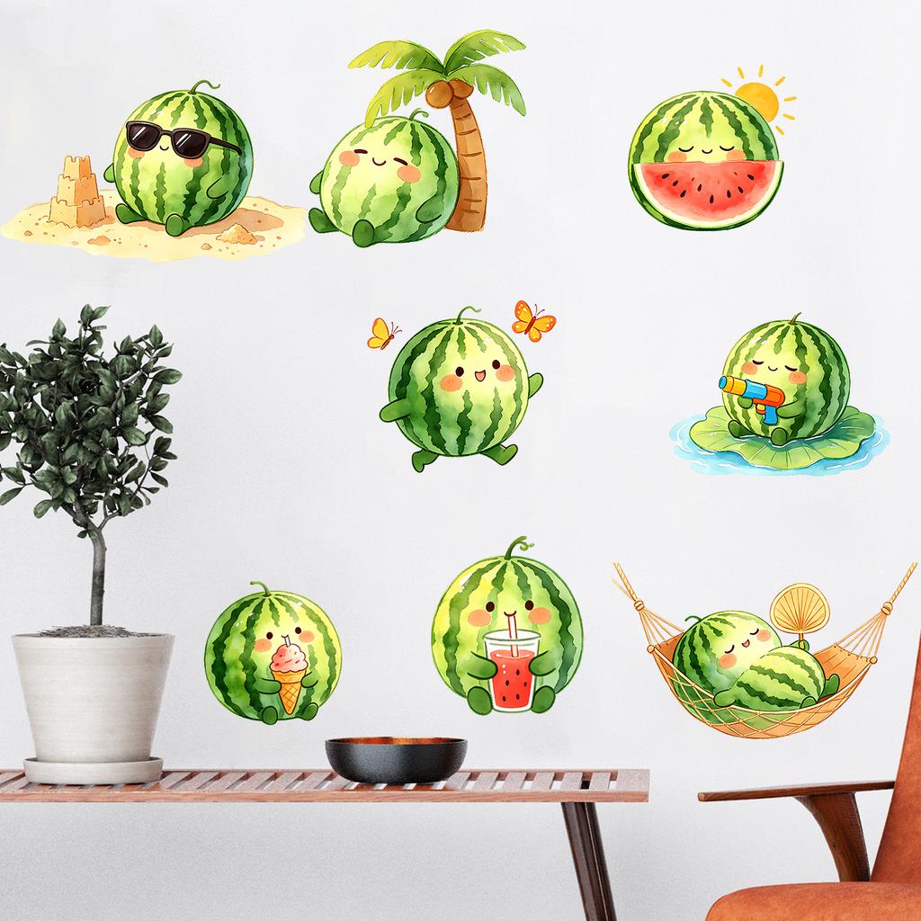 Creative Cartoon Watermelon Vacation Self Adhesive Removable No Residue Glass Window Sticker for Kitchen Living Room Home Decor