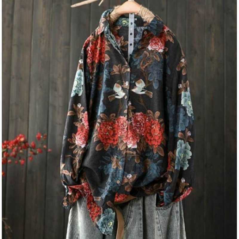 Women's Floral Print Linen Cotton Shirt Loose Fit Long Sleeve Casual Blouse