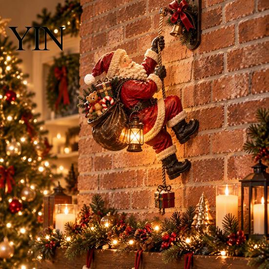 Creative Christmas Gift for Friends Climbing Santa Statue with LED Lantern, Wall Mounted Ornament, Outdoor Holiday Door Decorations Lighted