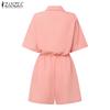 ZANZEA Women Summer Turn Down Collar Short Sleeve Drawstring Jumpsuits Overalls