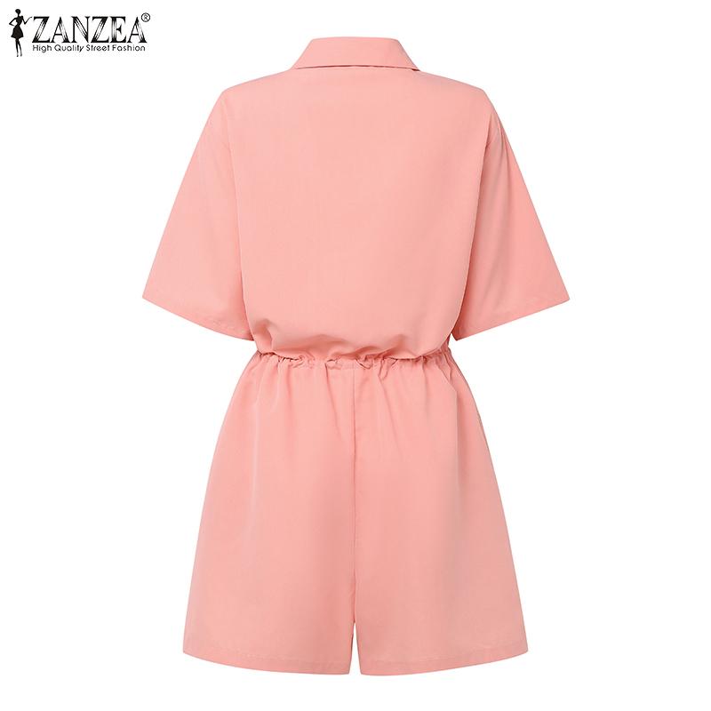 ZANZEA Women Summer Turn Down Collar Short Sleeve Drawstring Jumpsuits Overalls