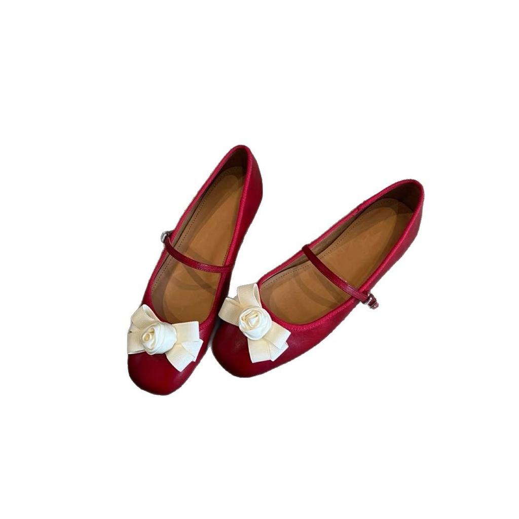 Sheepskin Version~ Xiaoxiangfeng Camellia Leather Mary Jane Single Shoes Women's Autumn Ballet Style Flat Shoes Ballet Shoes Ladyshoes