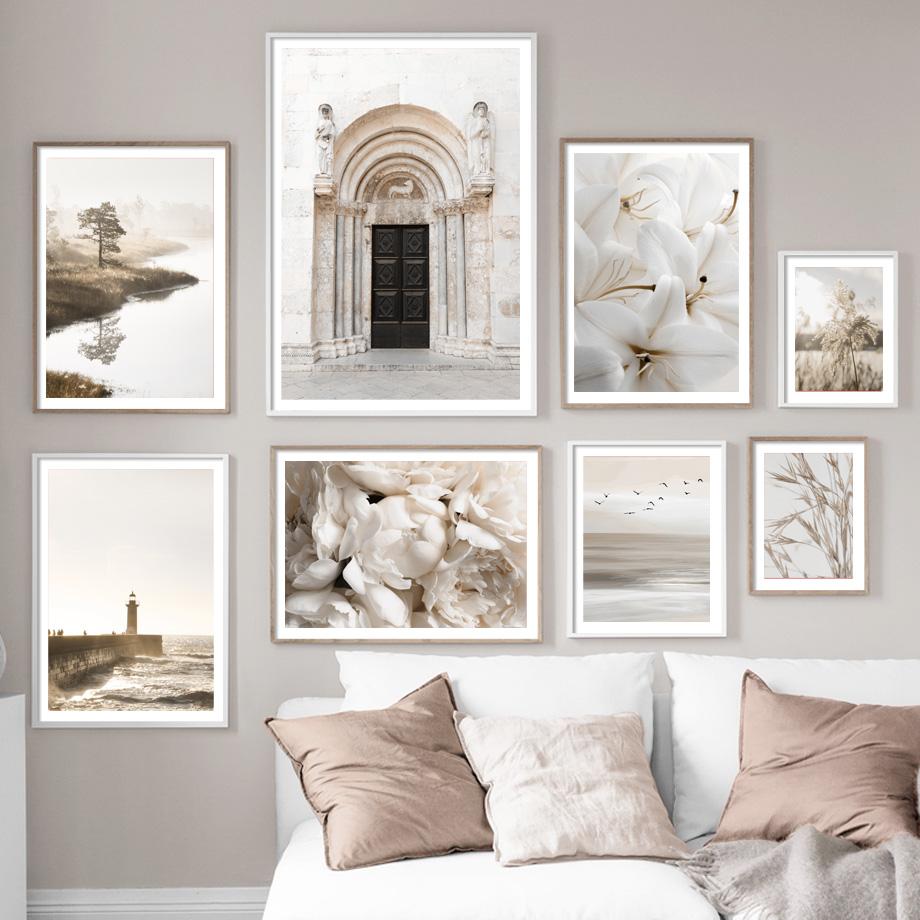 

Церковная дверь, белый цветок, птицы, озеро, отражение, настенная живопись, холст, картина, плакат на скандинавскую тему, настенные панно для декора гостиной