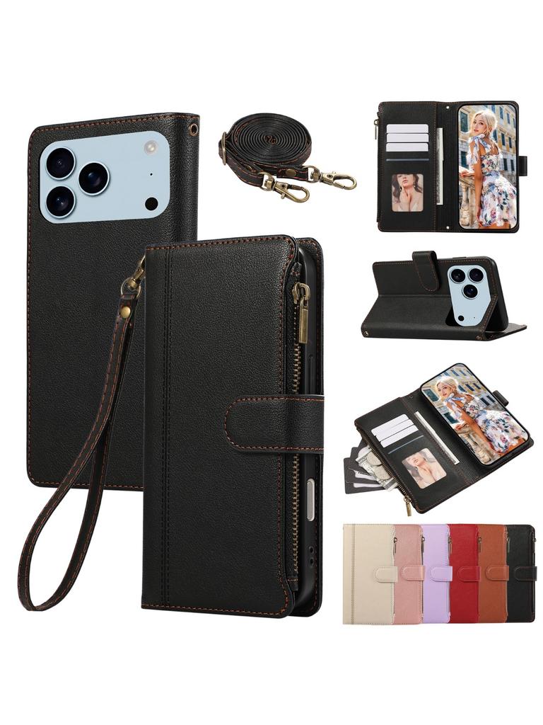 Crossbody Phone Case for iPhone 17 Pro Max Air 16E 16 Plus 15 Pro 14 13 Mini 12 11 Lanyard Zipper PU Leather Card Holder Wallet