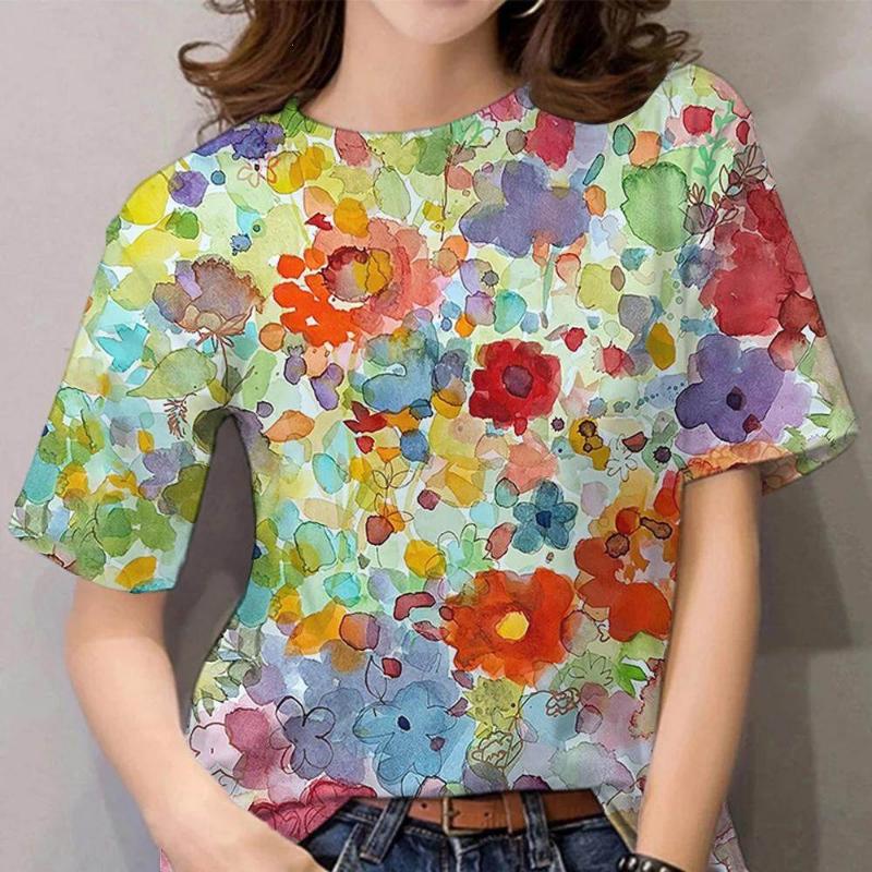 Moda Donna Girocollo Manica Corta Stampa Floreale 3D T-shirt a Manica Corta Girocollo con Fiori Colorati