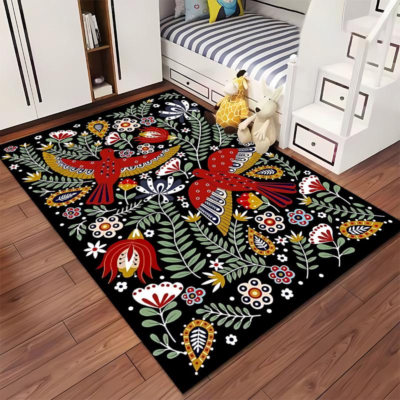 Colorful Bird and Floral Pattern Area Rug with Black Background Suitable for Use As an Anti-slip for Living Room Bedroom Sofas