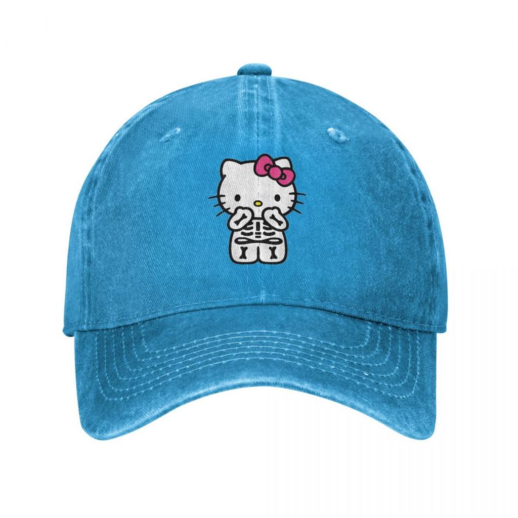 Skeleton Kitty Hellokitty Kawaii Cat Japanese Cartoon Baseball Caps Denim Washed Caps Hat Retro Outdoor Travel Gift Cap