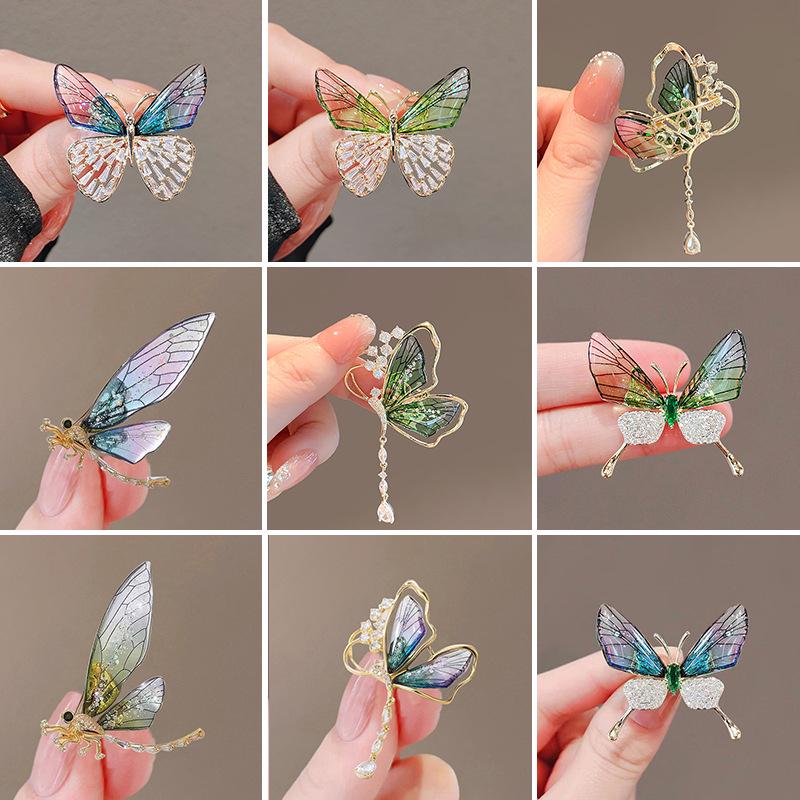 Emerald Insect & Butterfly Brooch: Exquisite Metal Tassel Dragonfly Pin