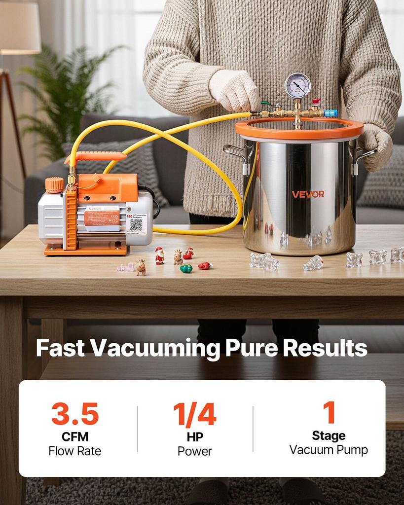 11.36 L Vacuum Chamber with Pump, 3.5 CFM 99 L/min, Single Stage Vacuum Pump, Stainless Steel Degassing Chamber Kit, Tempered Glass Lid, 1.5 M Hose,