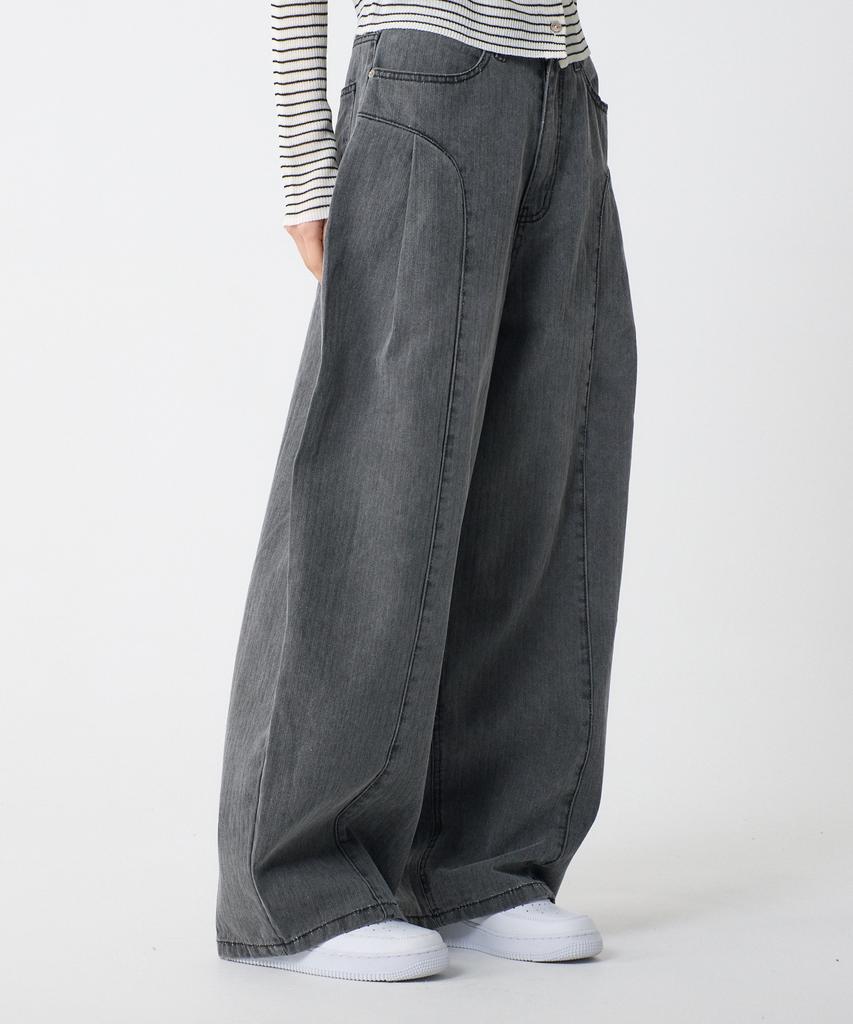 UNKNOWN PLANET Side Cut Tuck Pleat Wide Pigment Cotton Pants Gray